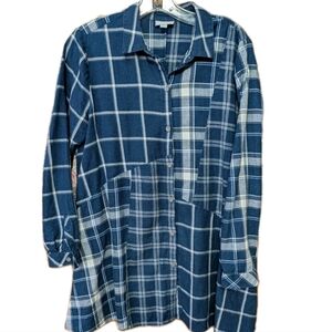 J Jill Mixed NAVY Blue Plaid Tunic Button Up Flannel Medium Long Sleeve M